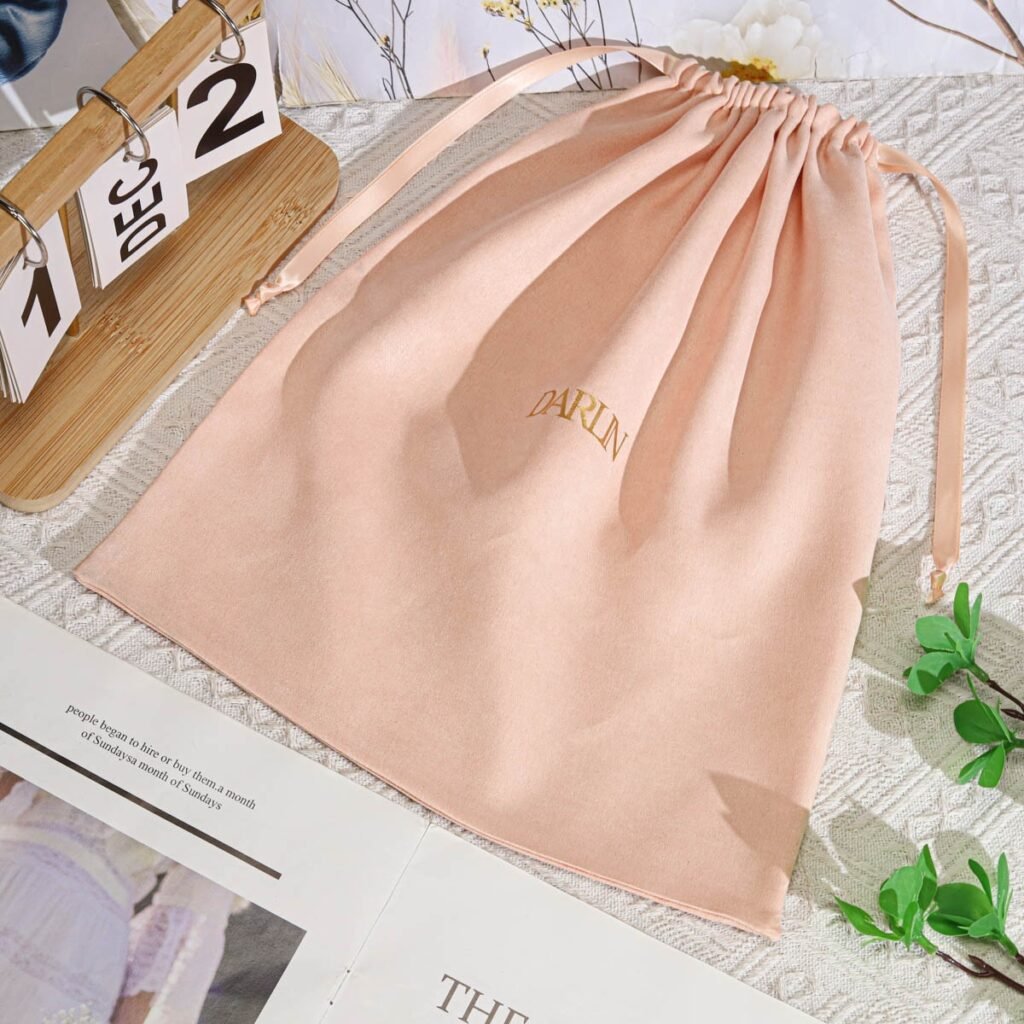 Promotion Peach Suede Fabric Clothes Shopping Drawstring Bag Custom Logo Printed Suede Packing Dust Shoe Pouch