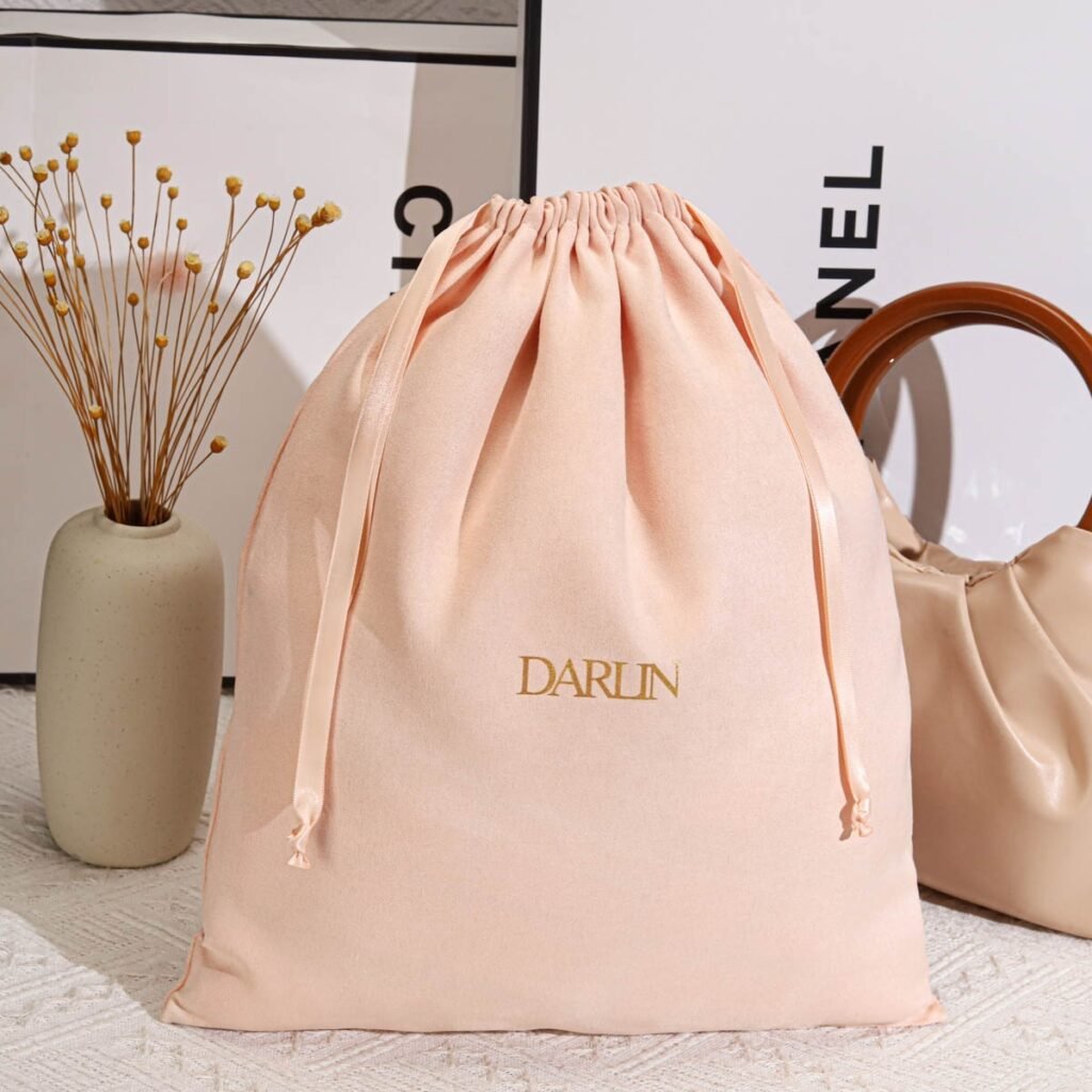 Promotion Peach Suede Fabric Clothes Shopping Drawstring Bag Custom Logo Printed Suede Packing Dust Shoe Pouch