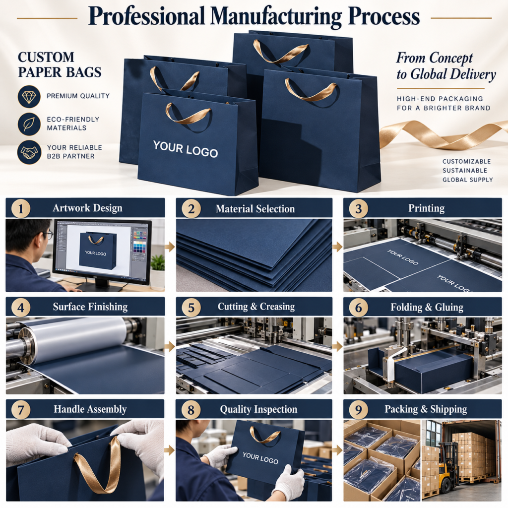 Custom Printed Blue Luxury Shopping Kraft Gift Paper Bag Retail Hard Packaging Wedding Jewelry Clothing Bags with Your Own logo