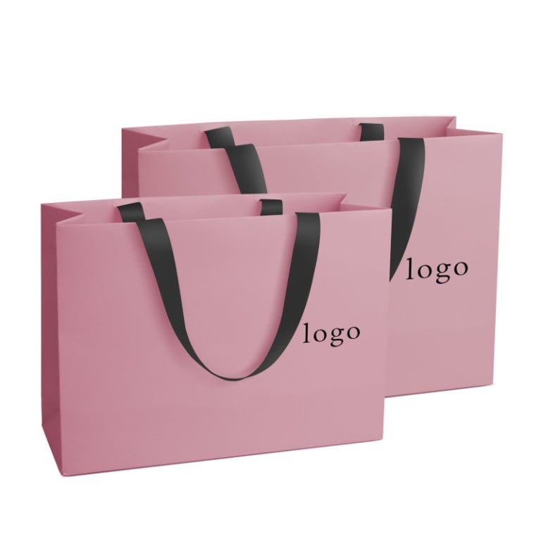 Luxury Custom Your Own logo Shopping Paper Bag for Clothes pink Matte Clothing Boutique Packaging Bags with Ribbon Handles