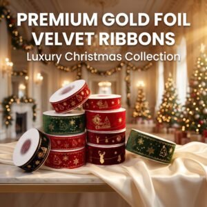 Custom Printed 2.5cm Gold Foil Velvet Ribbon Luxury Christmas Holiday Decoration Festive Gift Wrapping Ribbon