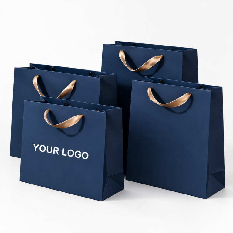 Custom Printed Blue Luxury Shopping Kraft Gift Paper Bag Retail Hard Packaging Wedding Jewelry Clothing Bags with Your Own logo