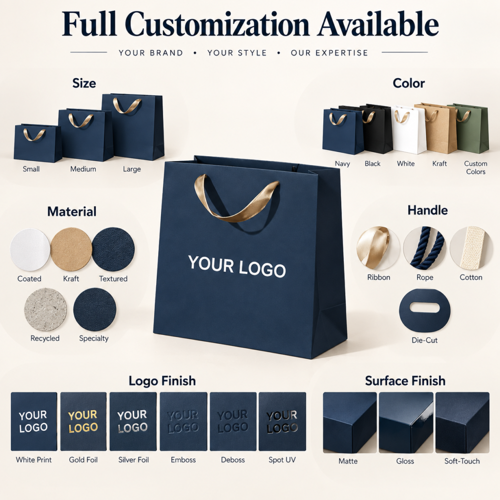 Custom Printed Blue Luxury Shopping Kraft Gift Paper Bag Retail Hard Packaging Wedding Jewelry Clothing Bags with Your Own logo