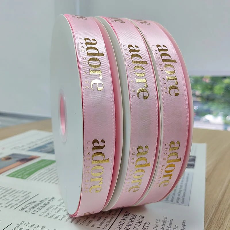 3D Gold Foil & 3D Embossed Personalized Hot Stamping Printing Satin Grosgrain Ribbon Roll Custom Ribbon With Logo for Gift Wrap