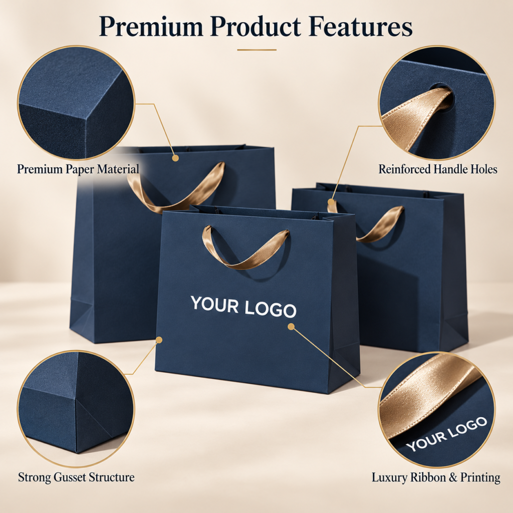 Custom Printed Blue Luxury Shopping Kraft Gift Paper Bag Retail Hard Packaging Wedding Jewelry Clothing Bags with Your Own logo
