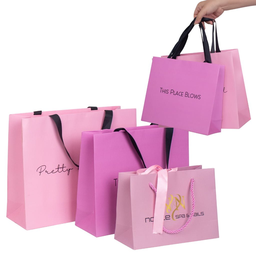 Luxury Custom Your Own logo Shopping Paper Bag for Clothes pink Matte Clothing Boutique Packaging Bags with Ribbon Handles